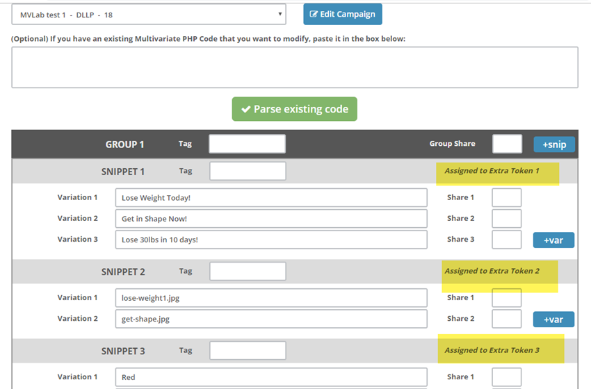 MVLab Snippets assigned to Tokens