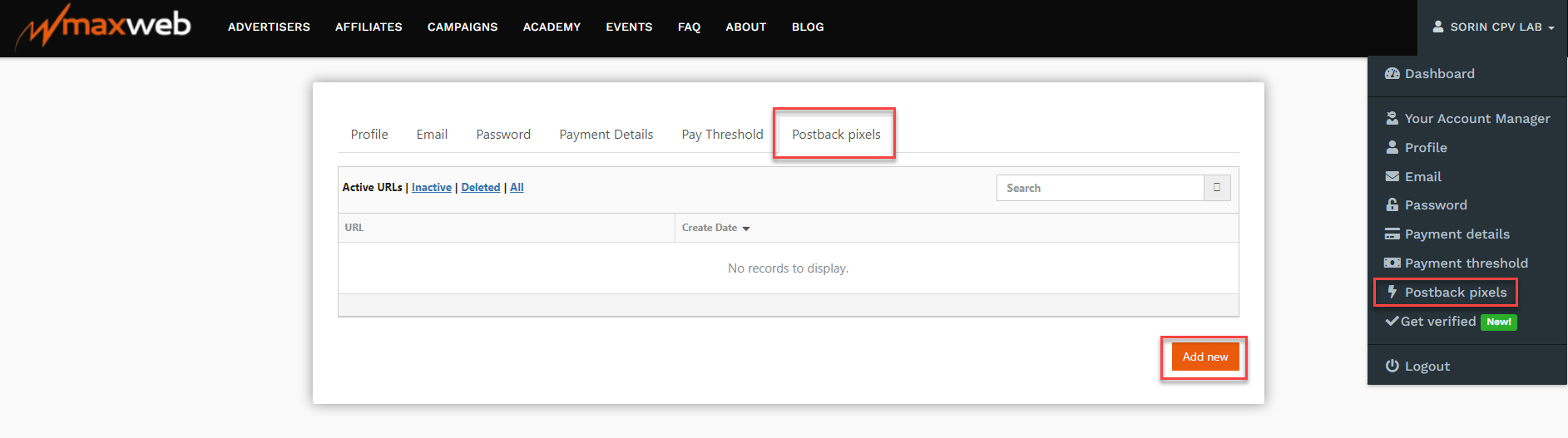 MaxWeb add new postback URL