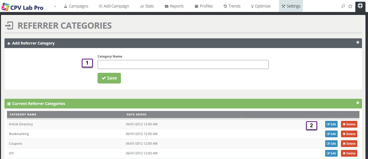 Referrer Categories Page