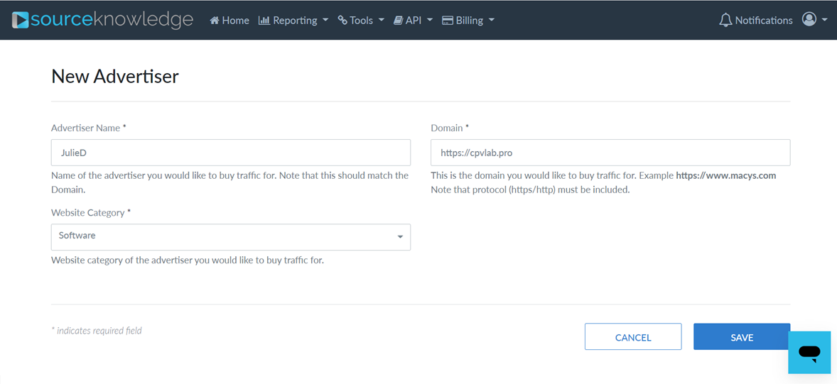 SourceKnowledge advertizer setup