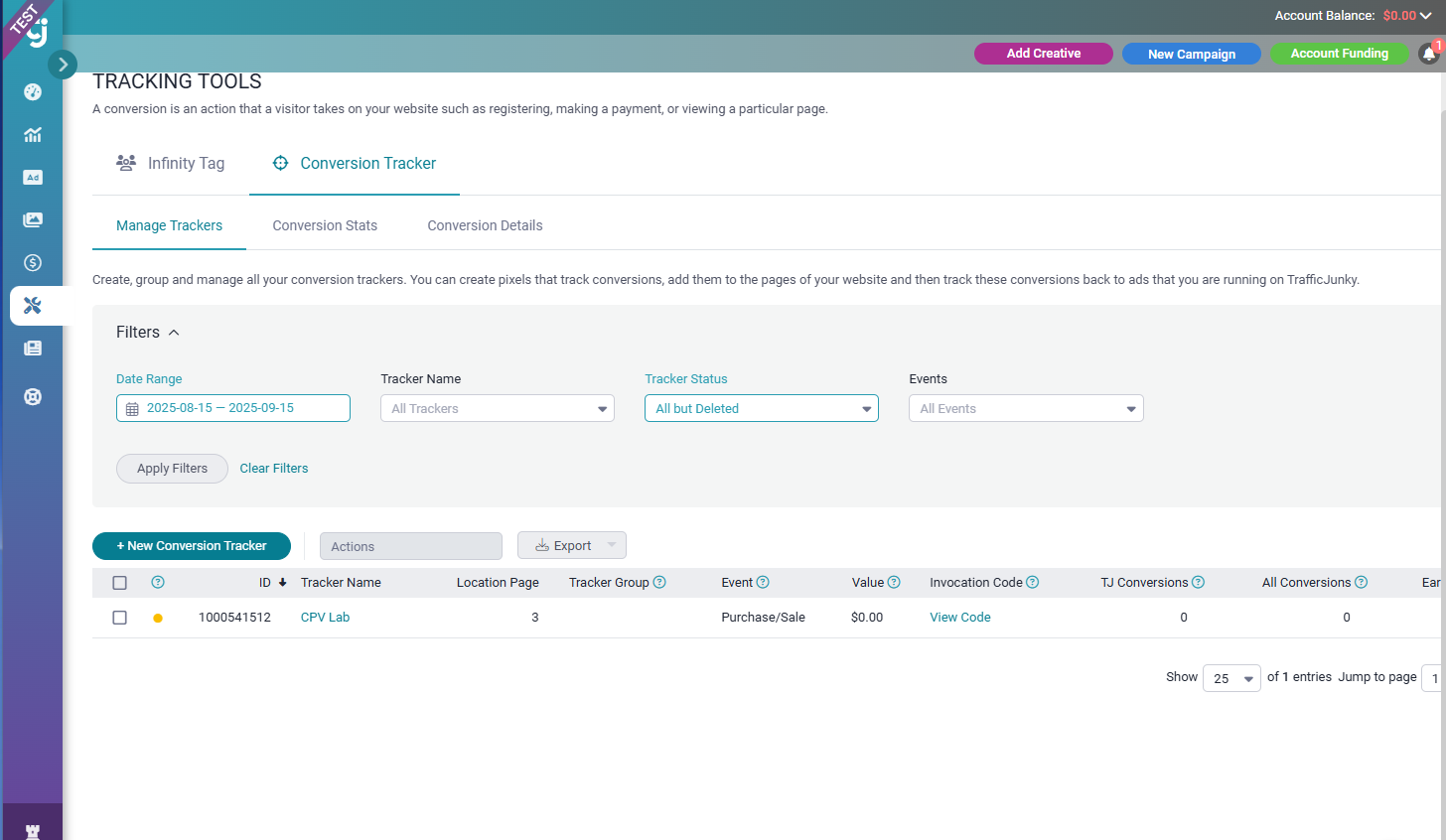 TrafficJunky account add tracker