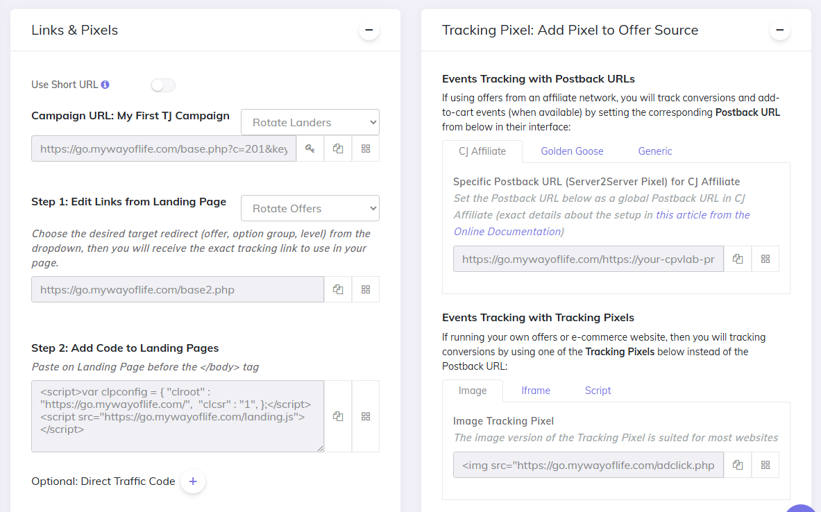 TrafficJunky campaign links and pixels in CPV Lab