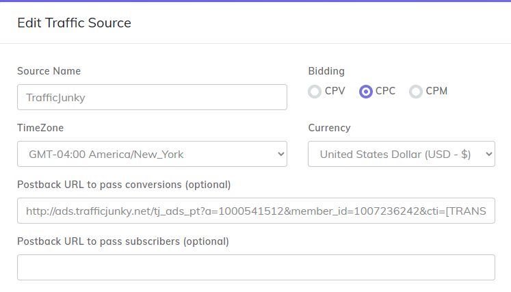 TrafficJunky Postback URL
