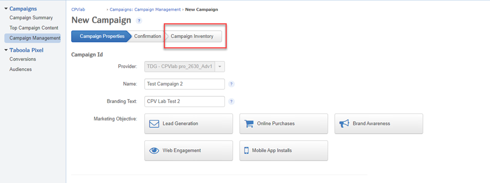Taboola New Campaign fields