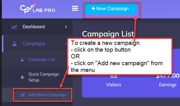 CPV Lab add campaign button
