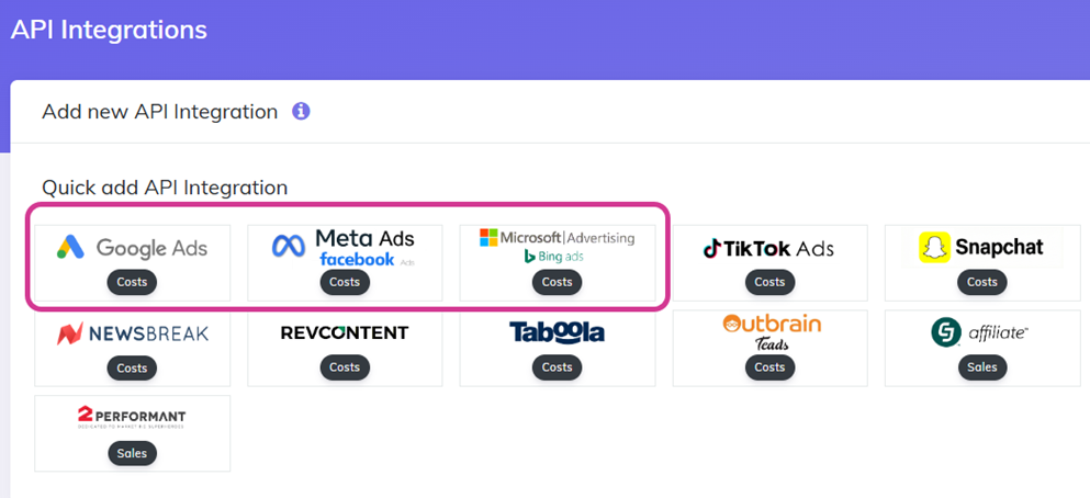 API integrations page showing Google, Facebook, and Microsoft Ads