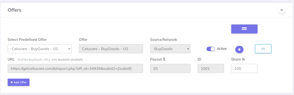 BuyGoods Offer predefined