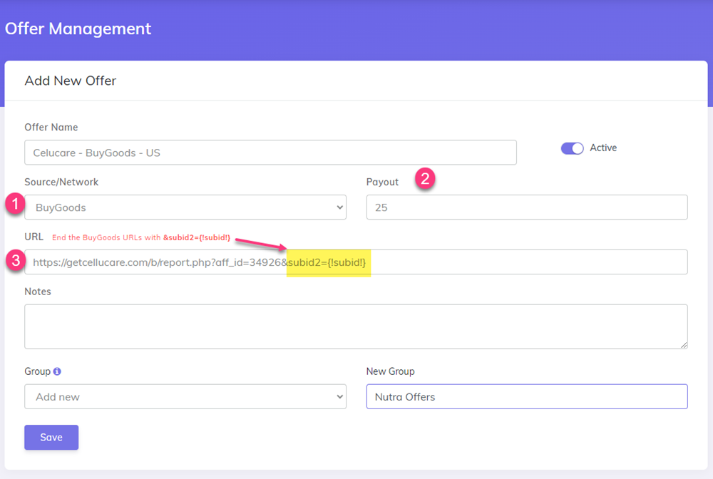 Add BuyGoods offers in CPV Lab One tracker