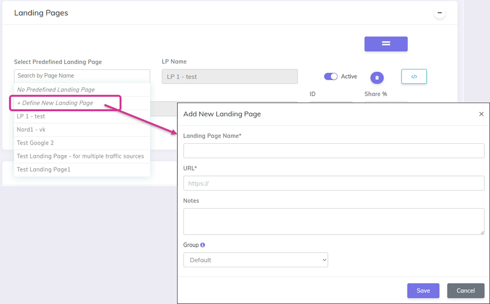 Popup for adding a new landing page directly from the campaign setup page