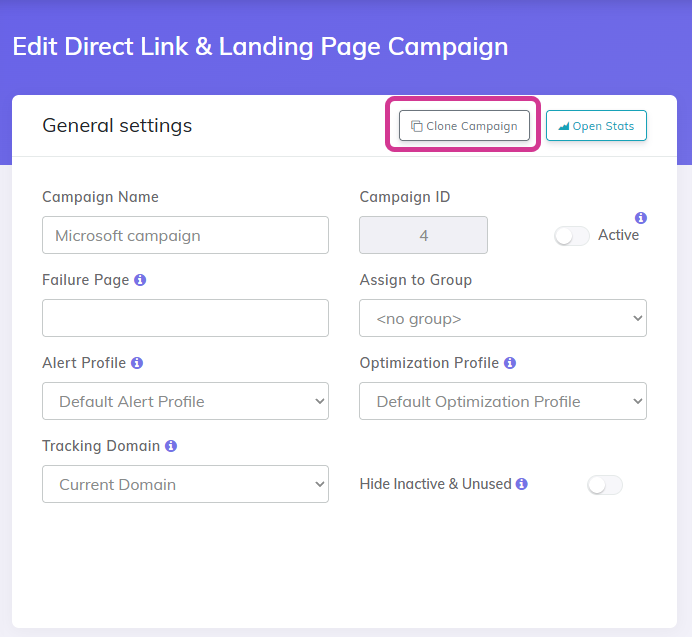 Clone campaign on campaign setup page