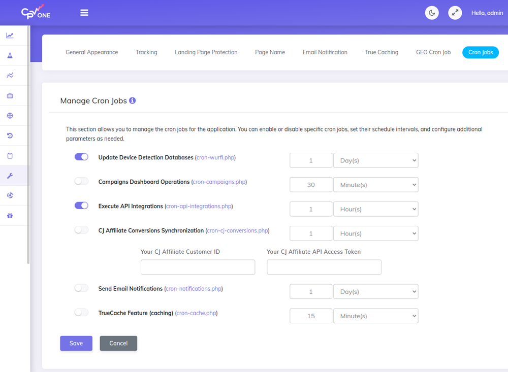 Configuration editor cron jobs settings in CPV Lab and CPV One 