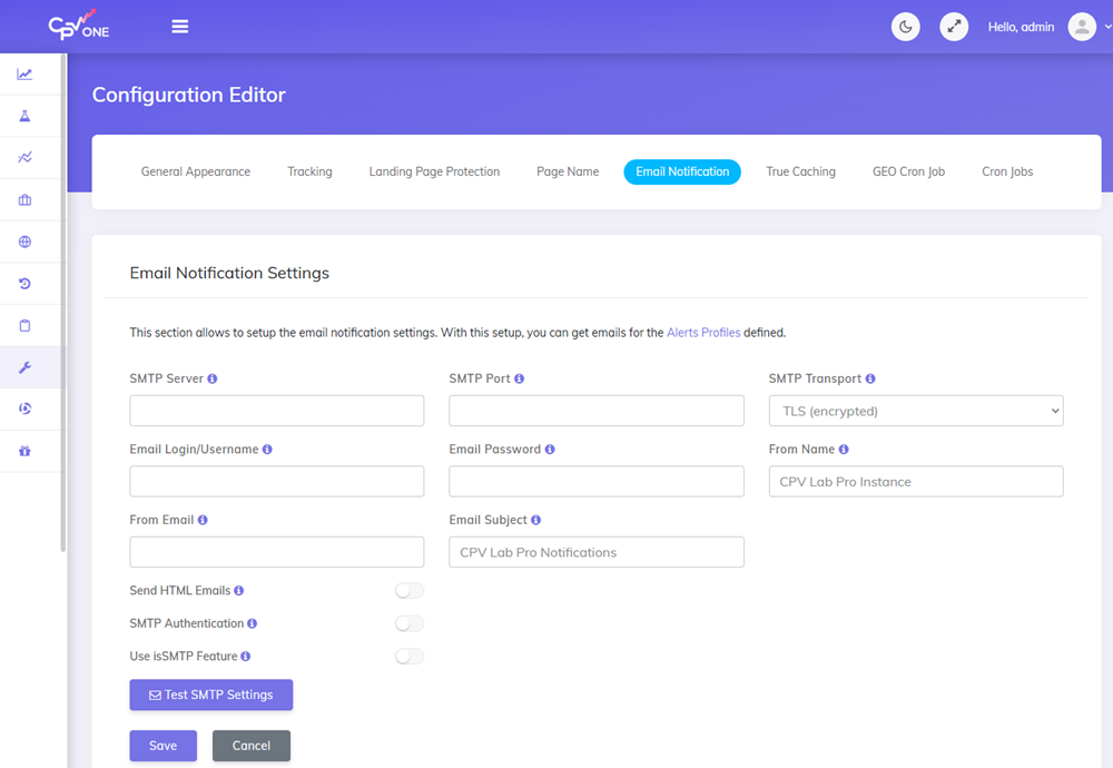 Configuration editor email notifications s in CPV Lab and CPV One 
