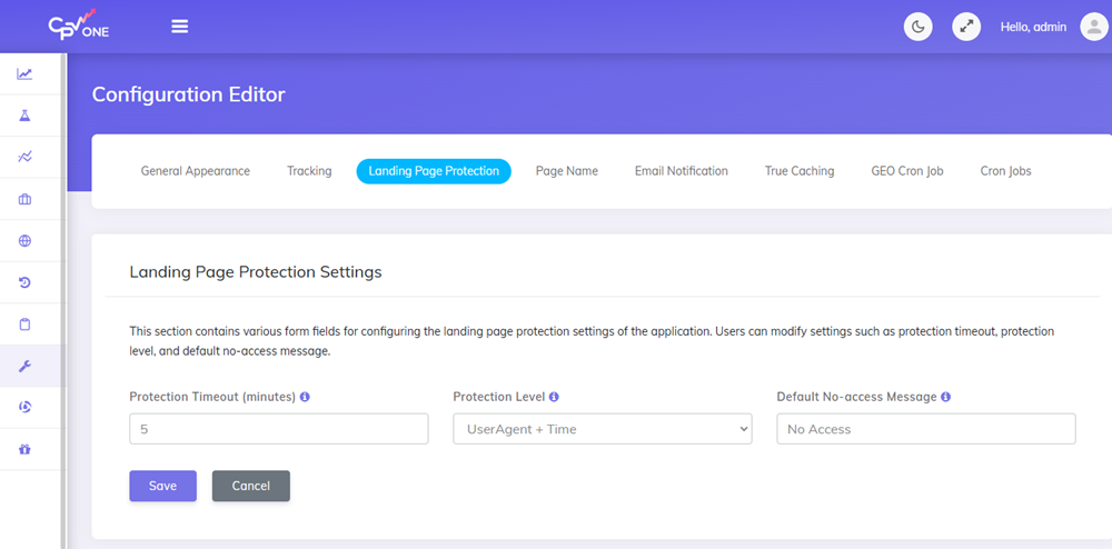 Configuration editor landing page protection settings in CPV Lab adn CPV One
