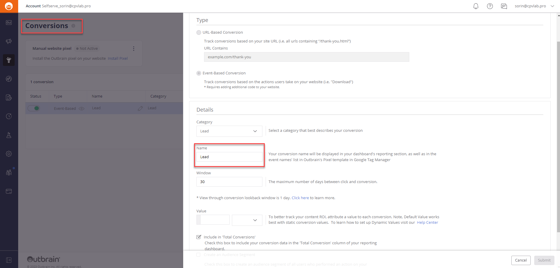 Outbrain Conversin event name