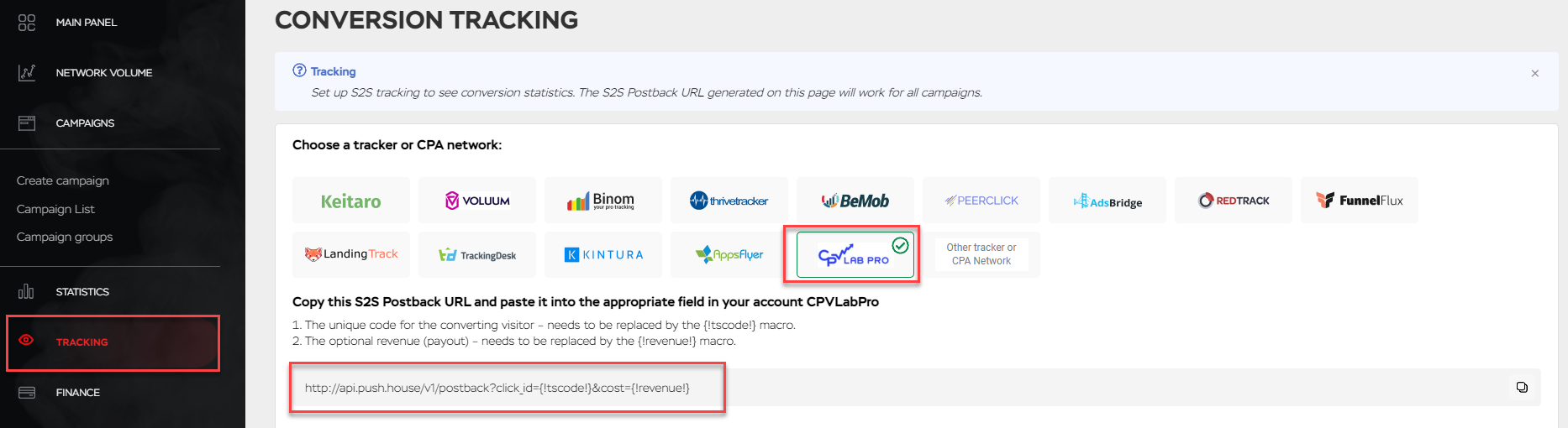 Push house select CPV Lab as default tracker