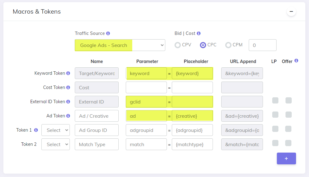 Add Google Ads campaign setup with parallel tracking tokens