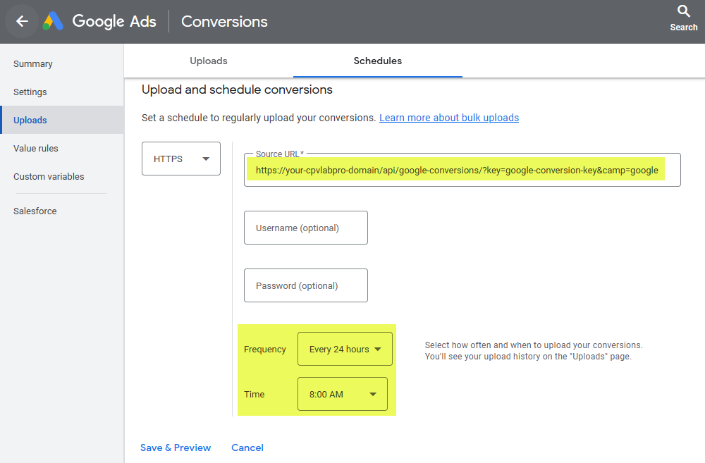 Google Ads conversion create schedule