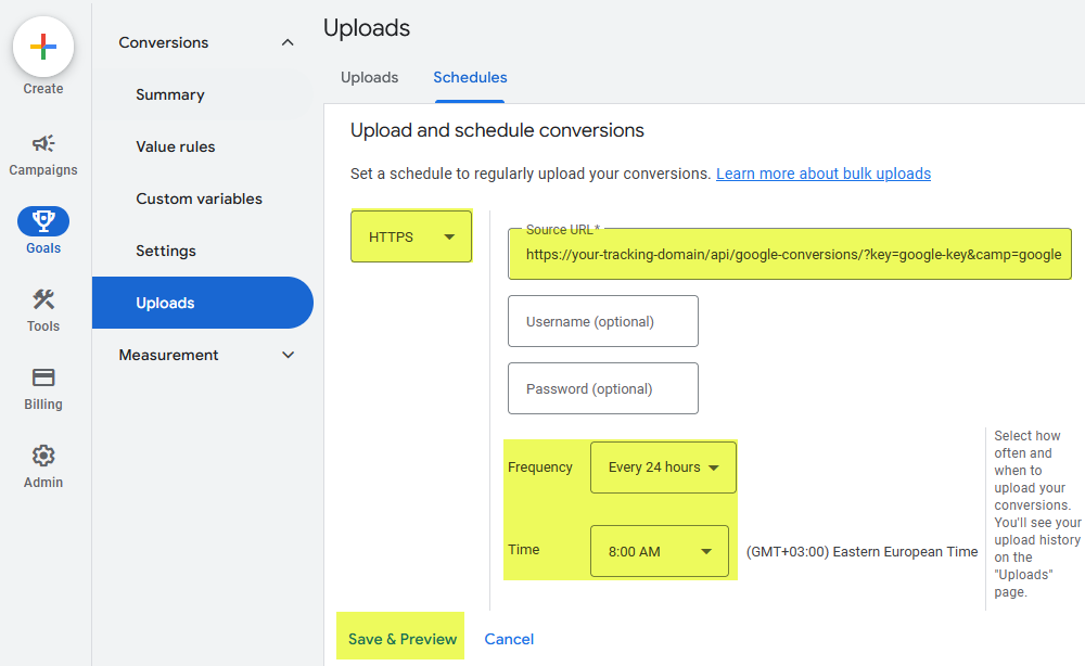 Google Ads conversion create schedule