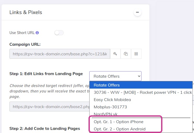 Step 1 dropdown in links or pixels section showing Level and Option Group labels