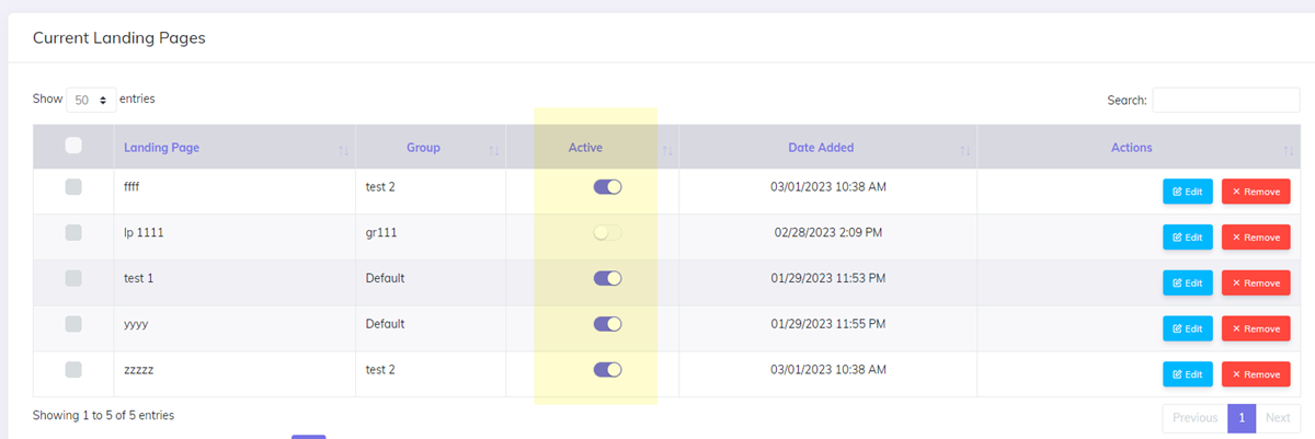 Landing Pages toggle