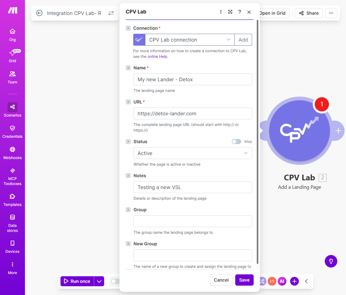 Make.com module config for Add Landing Page  in CPV Lab / CPV One