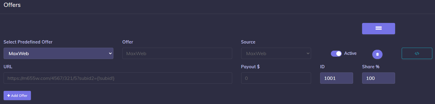 MaxWeb Offer predefined