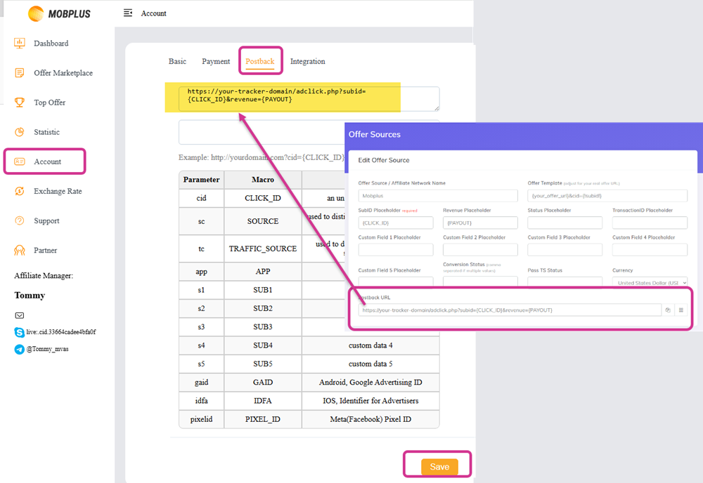 Mobplus setup postback URL from CPV Lab | CPV One