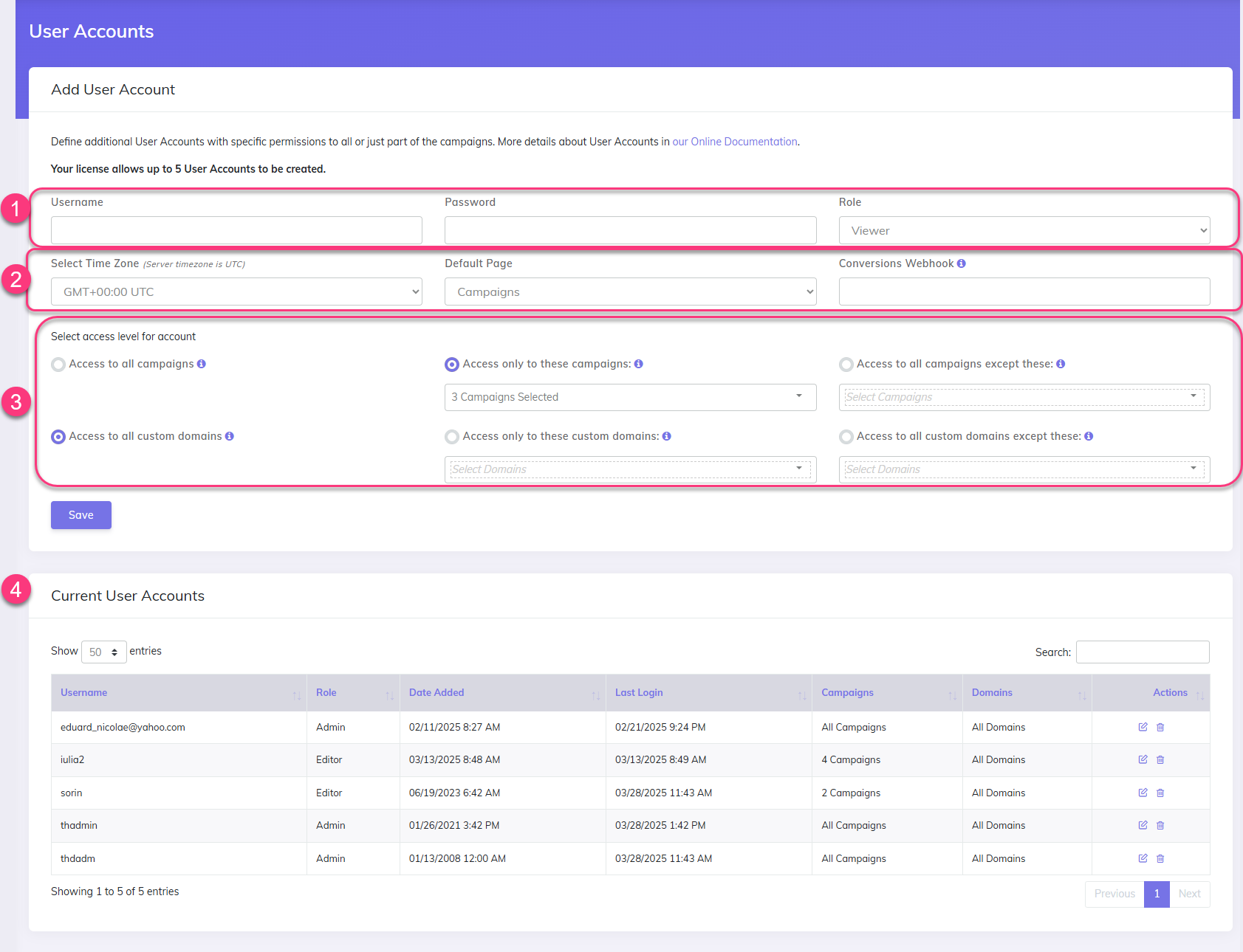 User accounts page