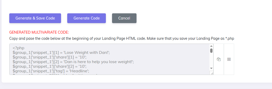 MV Lab Page Generate Code for Page Variations