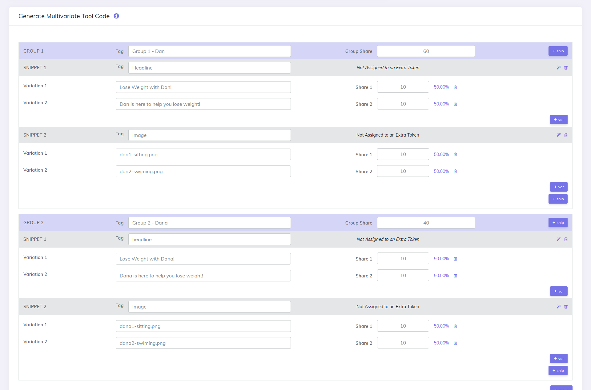MV Lab Page Groups and Snippets