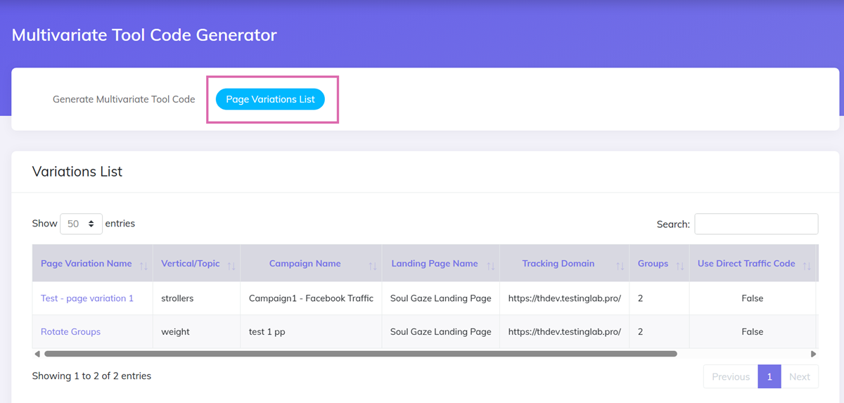 MV Lab Saved Page Variations List