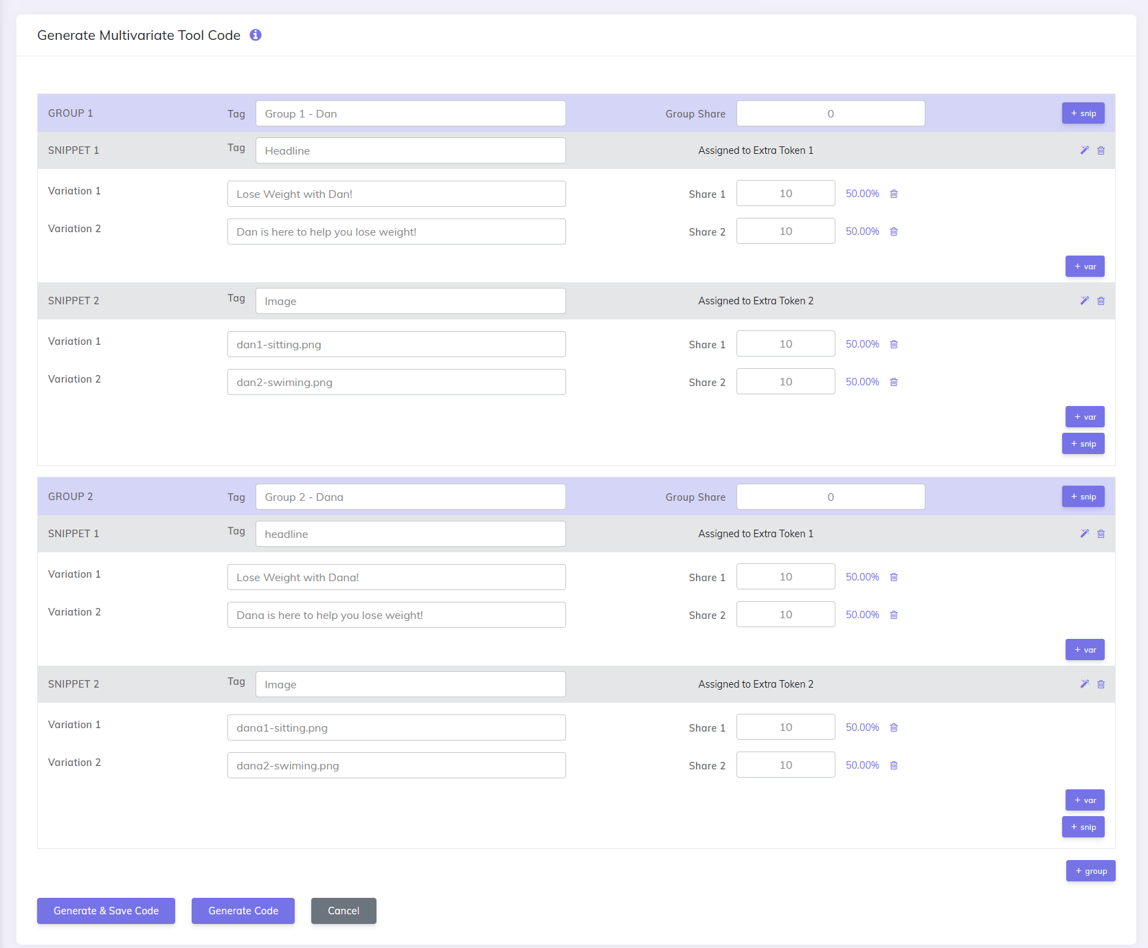 MV Lab Assign multivariate tokens for Page Code Variation