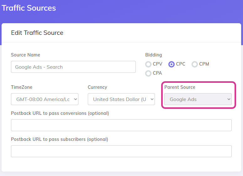 Parent source for traffic sources imported