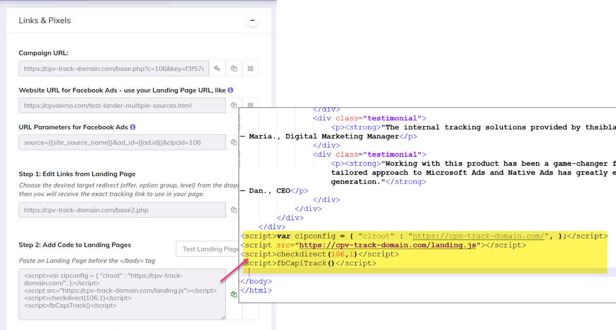Add CPV Lab Meta Ads tracking code to the landing page