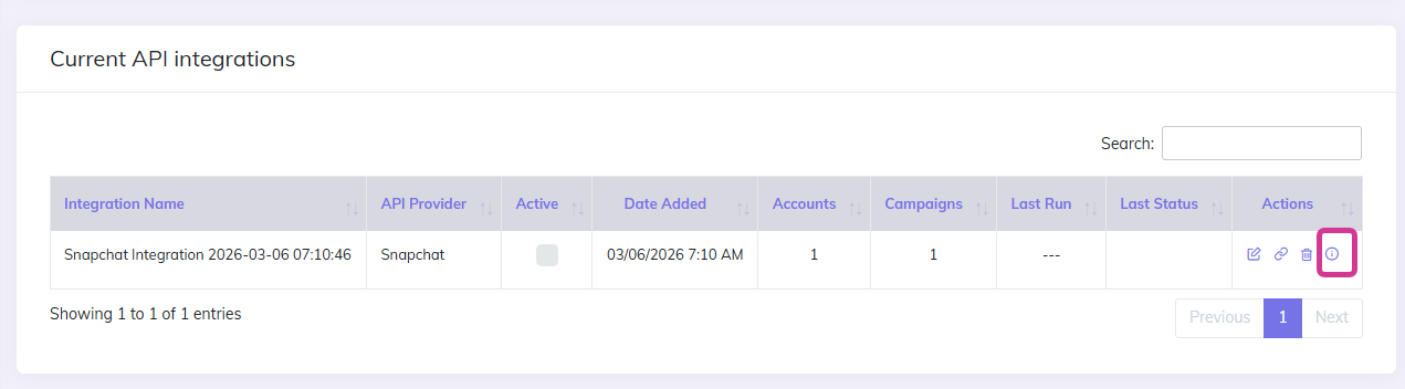 API Integrations list with Details button highlighted next to Snapchat integration
