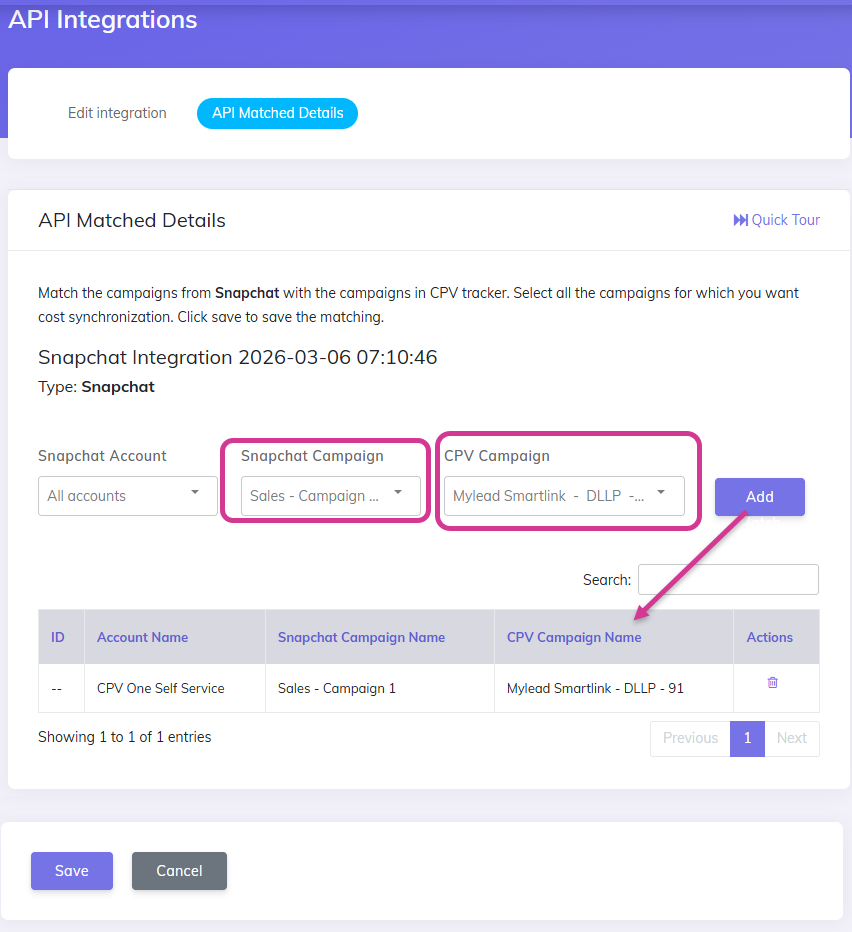 Match campaigns screen showing Snapchat campaign dropdown and CPV Lab campaign dropdown