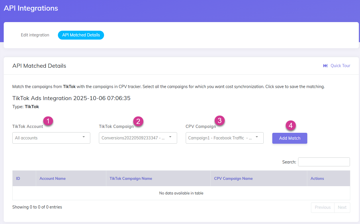 TikTok Ads API Match campaigns in CPV Lab