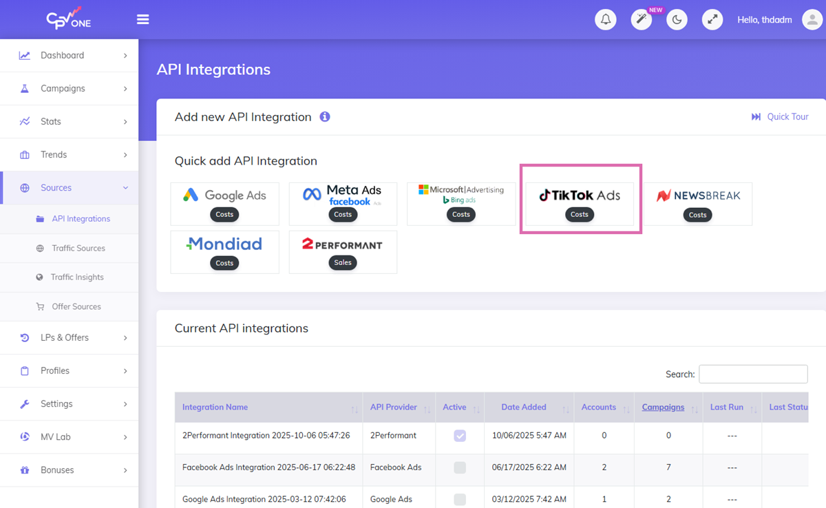 New TikTok integrationin CPV Lab or CPV One