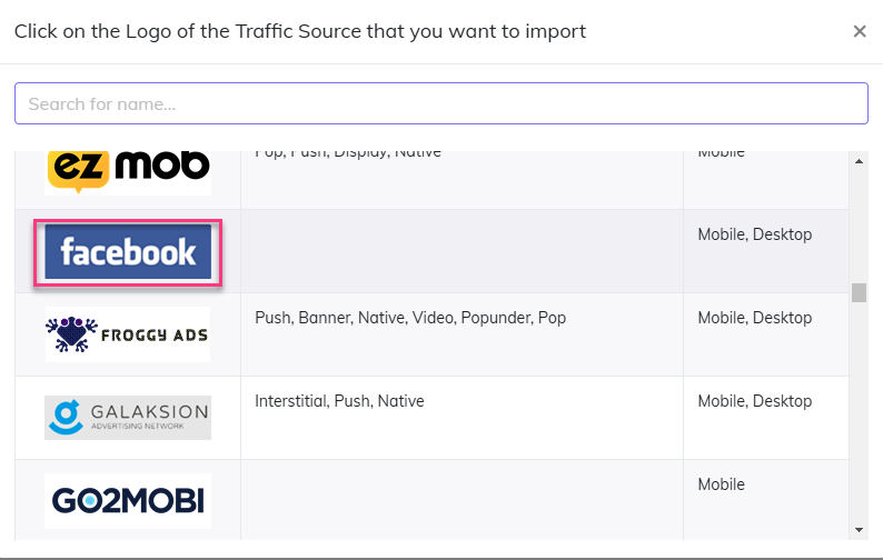 facebook traffic source catalog