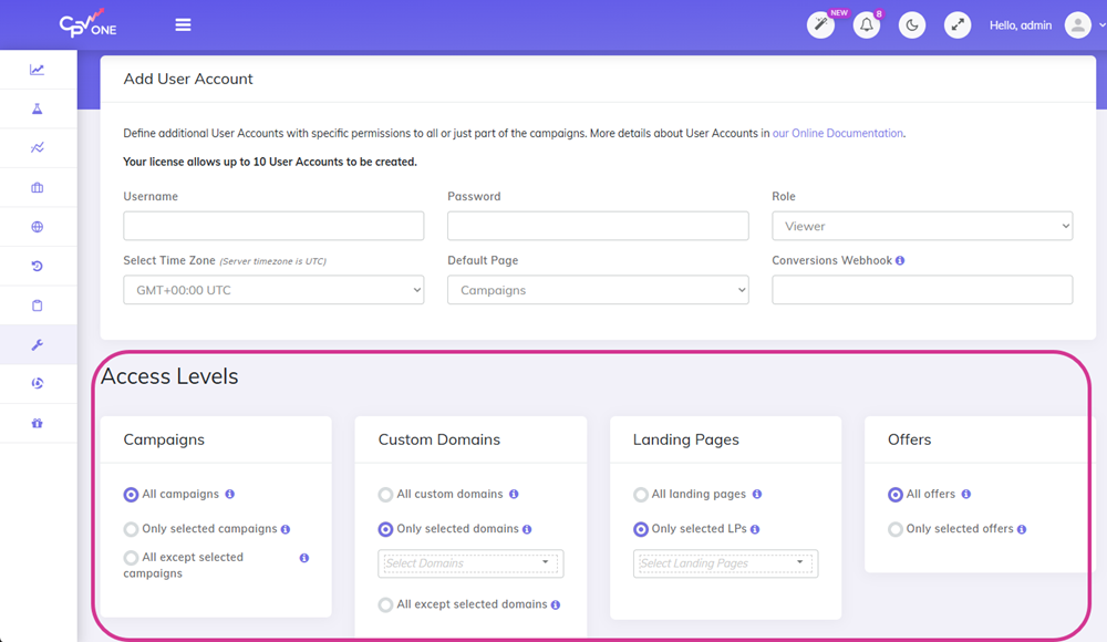 User accounts permissions panel showing LP and offer access settings